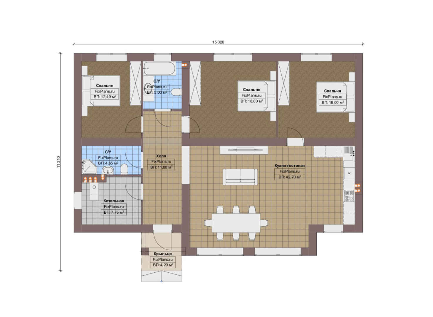 Планировка 1-го этажа, Проект одноэтажного дома F-18638