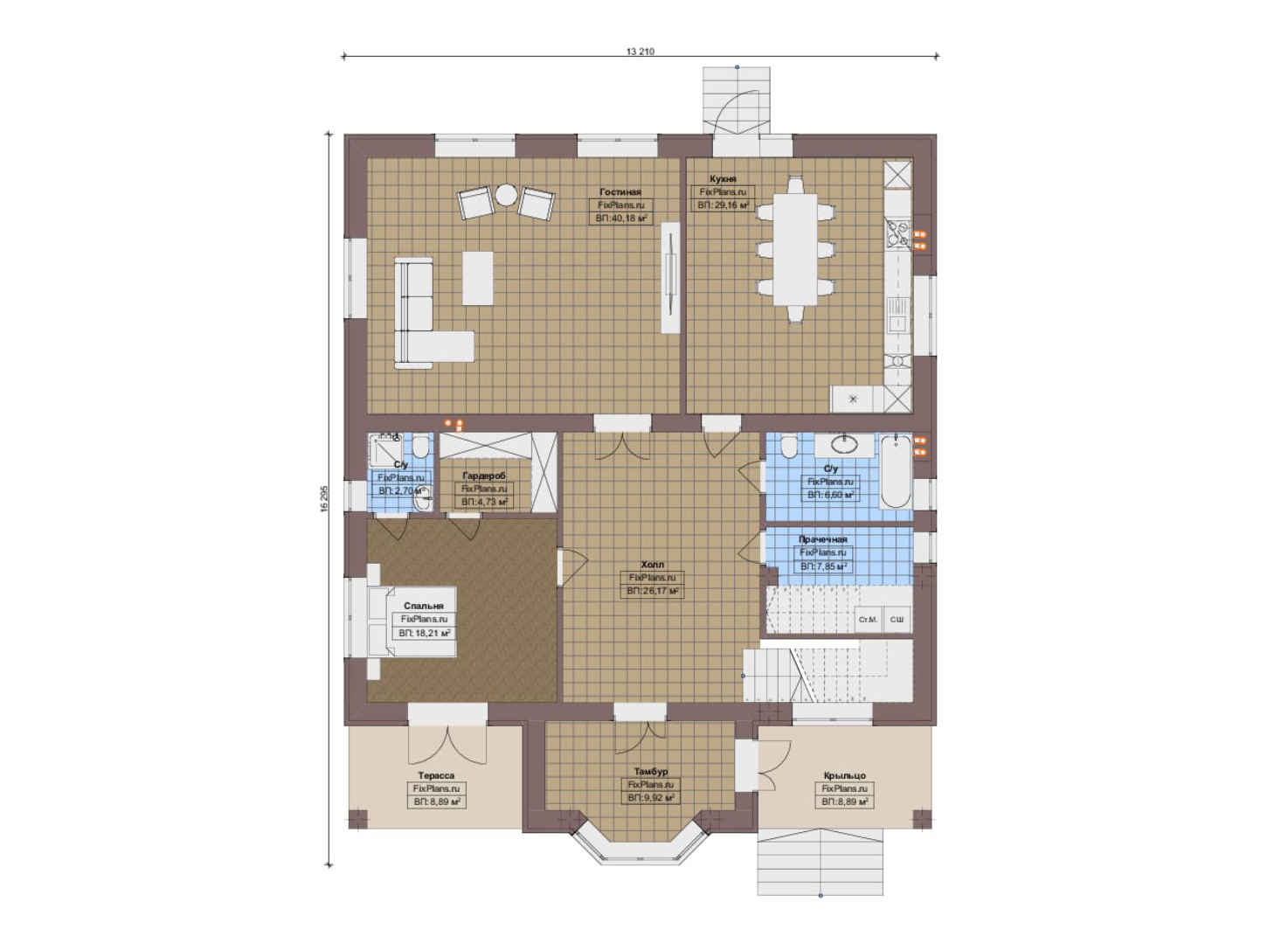 Планировка 1-го этажа, Проект двухэтажного дома F-13832