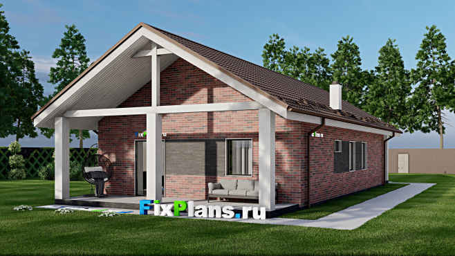 Проект одноэтажного дома F-3419 — вид со двора